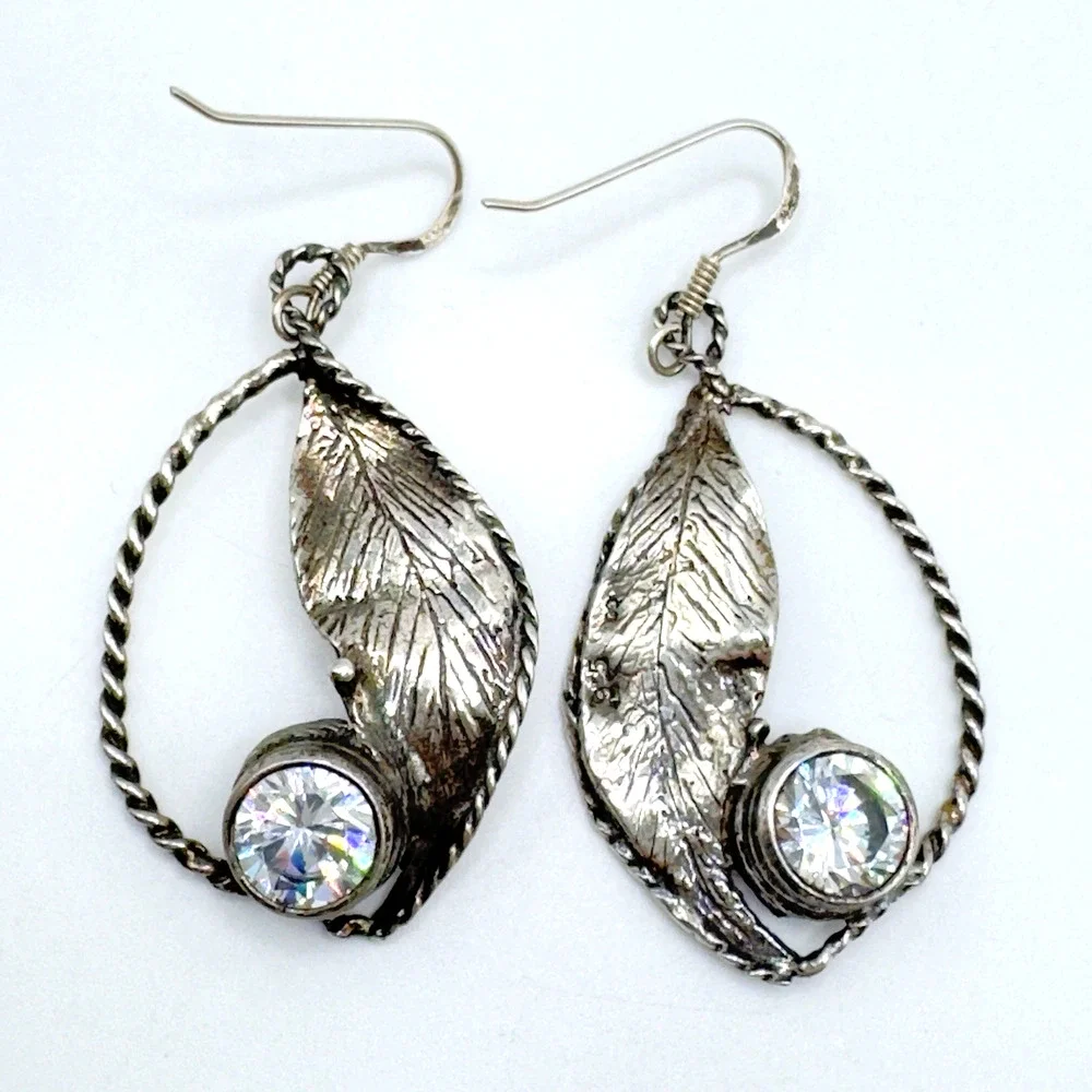 Artisan Sterling Silver CZ Earrings Leaf Modernist Artistic 2" - Picture 1 of 7